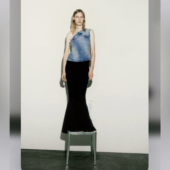 Zara Blue ZW ASYMMETRIC DENIM TOP Size Small - Picture 6 of 10